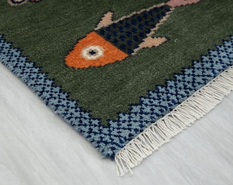 Green Soft Wool Fish Motifs Fine Hand Knotted Weave CUSTOM SIZE Rug