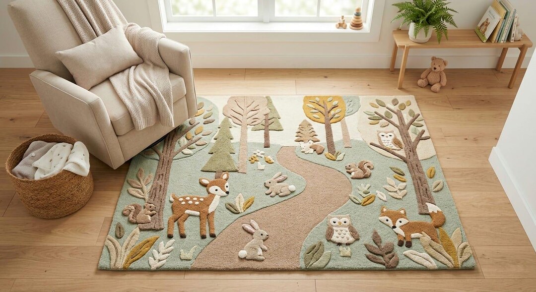 Woodland Nursery Rug, Forest Animals Kids Rug, Hand Tufted Baby Room ...