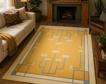 Arts and Crafts Area Rug, Ginkgo Biloba Yellow Rug,Mid Century Modern Tufted Carpet, Art Nouveau Gold Wool Rug, Cozy Living Room Floor Decor