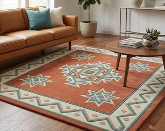 Hand Tufted Wool Rug, Solano Heritage Southwestern Area Rug, Terracotta Tribal Native American Style Carpet, Boho Living Room Decor Rug