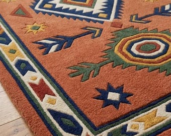 Hand Tufted Wool Rug - Solano Heritage Southwestern Area Rug, Terracotta Tribal Native American Style Carpet, Boho Living Room Decor Rug