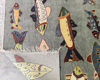 Hand Knotted Fish Wool Rug, Whimsical Modern Coastal Area Rug, Quirky Nautical Living Room Carpet, Unique Handmade Fish Decor Rug
