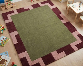 Hand Tufted Wool Rug - Olive Green Burgundy Dusty Pink Geometric Border Rug - Modern Minimalist Area Rug for Home Office Living Room Nursery
