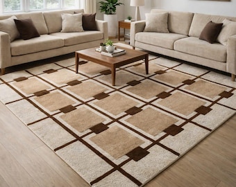 Modern Geometric Wool Rug in Beige & Brown – Handmade Area Carpet for Living Room, Bedroom Office Decor