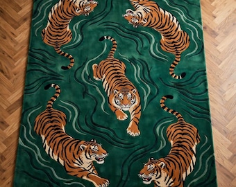 Hand Tufted Swimming Tiger Wool Rug, Emerald Green Animal Pattern Area Rug, High Low 3D Texture Carpet for Living Room, Funky Aesthetic Rug