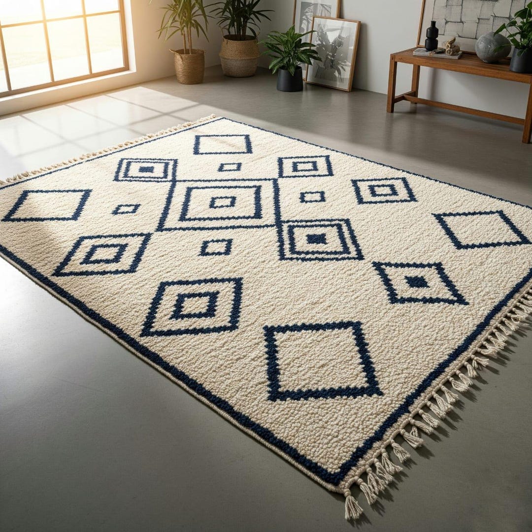 Geometric Square Pattern Area Rug Cream Geometric Square Pattern Area Rug With Navy Blue Accents and ...