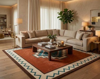 Hand Tufted Wool Rug - Solano Heritage Southwestern Area Rug, Terracotta Tribal Native American Style Carpet, Boho Living Room Decor Rug