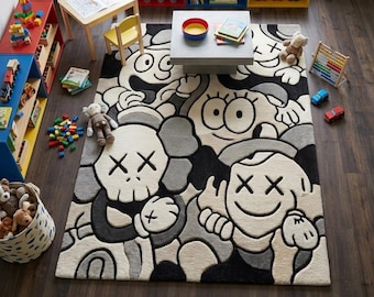 Hand Tufted Streetwear Pop Art Rug, Black and Grey Modern Character Area Rug, Hypebeast Living Room Decor, Handcrafted Cartoon Accent Rug