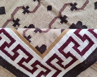 The Thera Labyrinth Rug | Handwoven Geometric Kilim, Greek Key Border Area Rug, Beige and Burgundy Boho Flatweave Carpet