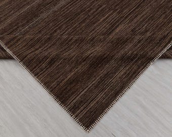 Handwoven Solid Brown Area Rug, Minimalist Textured Carpet