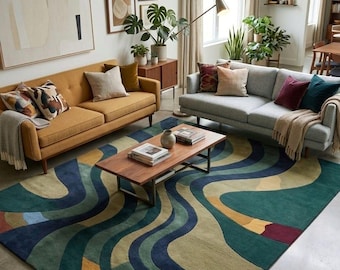 Modern Abstract Area Rug, Handmade Tufted Wool Rug, Green Blue Wavy Pattern Carpet, Contemporary Living Room Rug, Custom Size Floor Decor