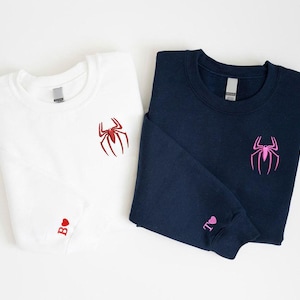 Custom Spider-Man and Ghost Spider Logo Embroidered Sweatshirt, Superhero Couple Matching Pullover with Heart Sleeve Initial, Movie Gift Bild 1