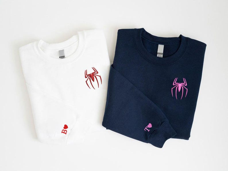 Custom Spider-Man and Ghost Spider Logo Embroidered Sweatshirt, Superhero Couple Matching Pullover with Heart Sleeve Initial, Movie Gift Bild 1