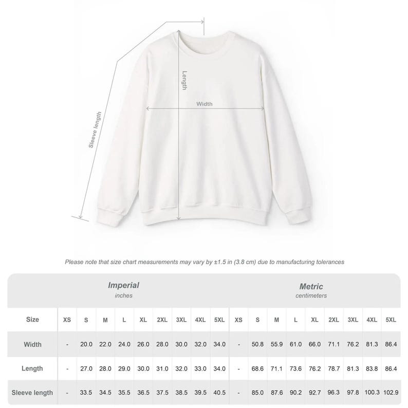 Puede incluir: Sudadera blanca de cuello redondo con tabla de tallas en cent&iacute;metros. La tabla muestra las medidas de ancho, largo y largo de manga para tallas XS a 5XL. Las medidas pueden variar en &plusmn;3,8 cm.