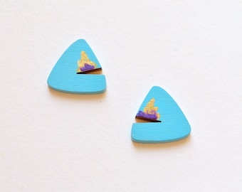Light blue triangle studs, blue earrings, abstract studs, hand painted earrings, futuristic studs, geometric wooden jewelry, gift for her