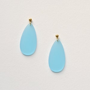 Blue and gold teardrop earrings, light blue dangle earrings, elegant post earrings, sea glass like earrings, soft blue earrings gift for her image 1