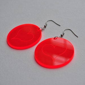Fluorescent earrings, neon orange heart earrings, circle dangle earrings, laser cut acrylic jewelry, Valentine gift for her