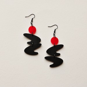 Mid century modern earrings, red and black earrings, modernist earrings, long black earrings, designer earrings, organic shape, gift for her image 1