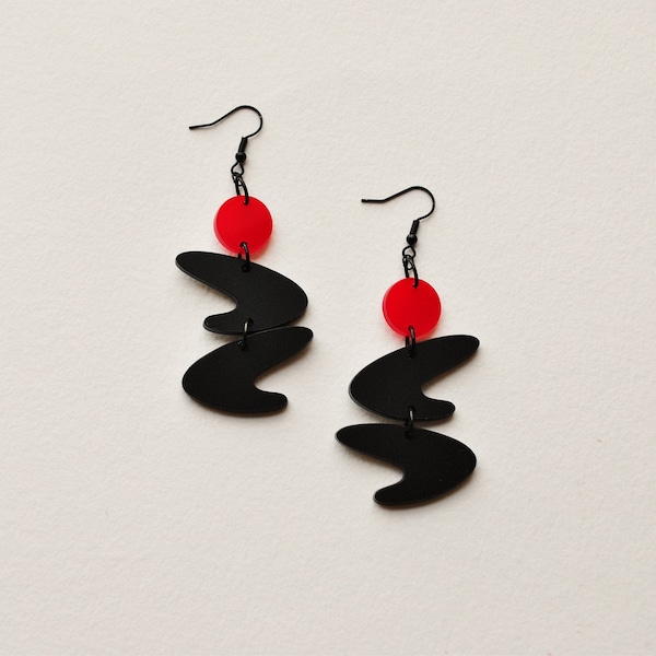 Mid century modern earrings, red and black earrings, modernist earrings, long black earrings, designer earrings, organic shape, gift for her