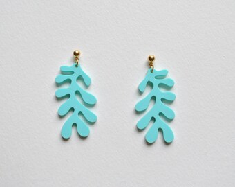 Mint green and gold earrings, Matisse leaf earrings, organic shape earrings, seaweed earrings, mint earrings, elegant earrings gift for her