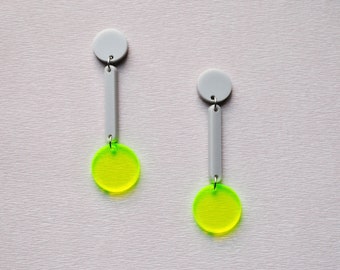 Neon yellow and gray geometric earrings, line and circle earrings, Bauhaus post earrings, retro dangle earrings, minimalist jewelry
