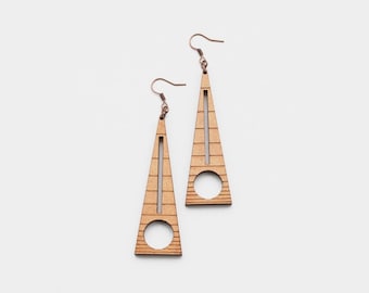 Art Deco earrings, geometric jewellery, triangle earrings, long dangle wood earrings, lightweight laser cut jewelry