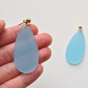 Blue and gold teardrop earrings, light blue dangle earrings, elegant post earrings, sea glass like earrings, soft blue earrings gift for her image 3