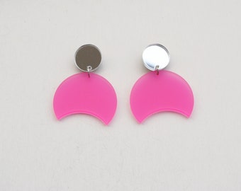 Geometric earrings, pink and silver earrings, circle post earrings, futuristic earrings, laser cut earrings, mirror acrylic earrings