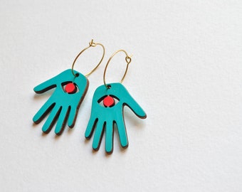 Turquoise hand earrings, turquoise and red Hamsa earrings, spiritual symbol earrings, hand painted wood earrings aqua earrings, gift for her