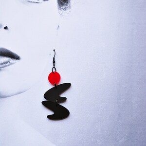 Mid century modern earrings, red and black earrings, modernist earrings, long black earrings, designer earrings, organic shape, gift for her image 4