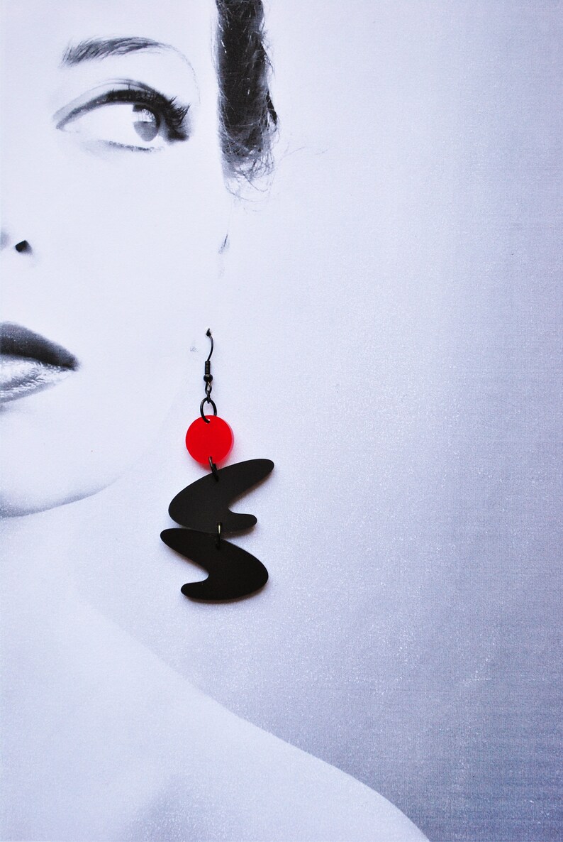 Mid century modern earrings, red and black earrings, modernist earrings, long black earrings, designer earrings, organic shape, gift for her image 4