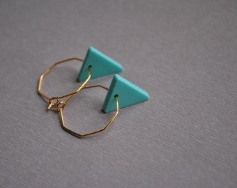 Mint arch hoops, mint and gold earrings, small triangle charm hoops, minimal dainty earrings, gold plated hoop, cute mint triangle hoops