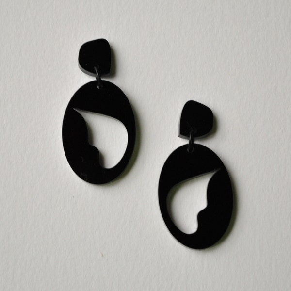 Sculptural earrings, Jean Arp inspired earrings, black abstract earrings, black elegant earrings, Dadaist earrings laser cut acrylic jewelry