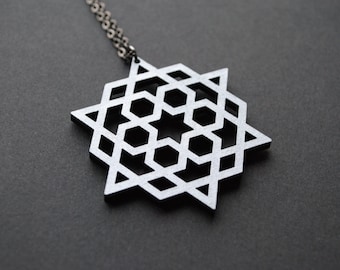 Star necklace, painted wood pendant, arabic motif necklace, silver necklace, geometric pendant, silver pendant