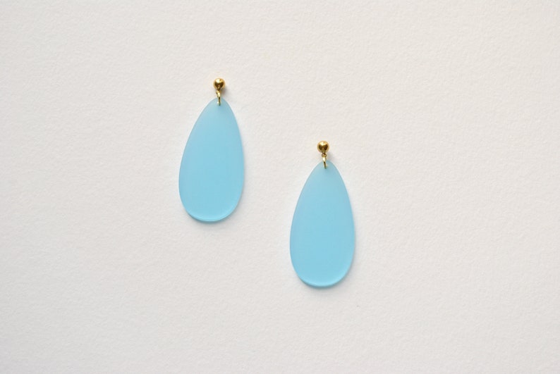 Blue and gold teardrop earrings, light blue dangle earrings, elegant post earrings, sea glass like earrings, soft blue earrings gift for her image 1