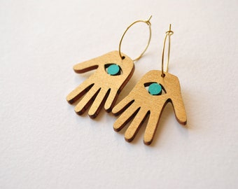 Gold and turquoise hand earrings, gold Hamsa earrings, spiritual symbol earrings, handpainted wood earrings, gift for her