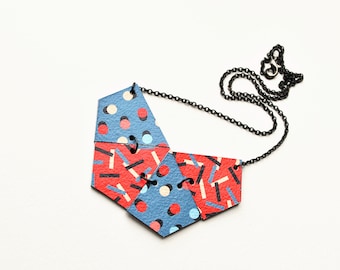 Colorful geometric necklace, red and blue necklace, folding necklace, lightweight bib necklace, printed leather necklace, gift for her