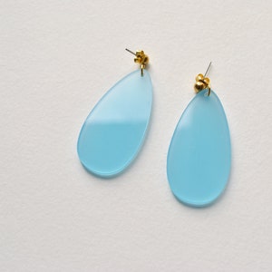 Blue and gold teardrop earrings, light blue dangle earrings, elegant post earrings, sea glass like earrings, soft blue earrings gift for her image 4