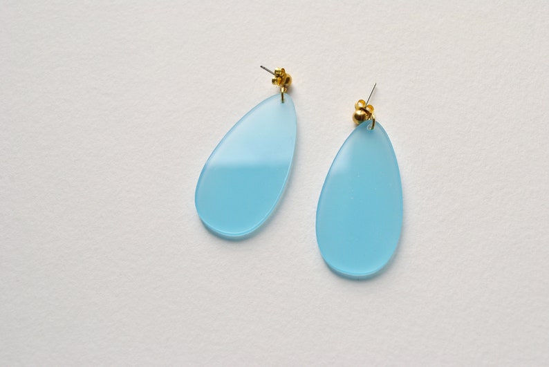 Blue and gold teardrop earrings, light blue dangle earrings, elegant post earrings, sea glass like earrings, soft blue earrings gift for her image 4