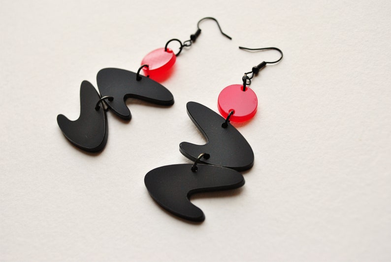 Mid century modern earrings, red and black earrings, modernist earrings, long black earrings, designer earrings, organic shape, gift for her image 2