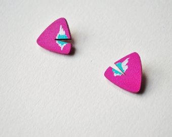 Magenta triangle studs, fuchsia earrings, abstract studs, hand painted earrings, futuristic studs, geometric wooden jewelry, gift for her