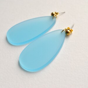 Blue and gold teardrop earrings, light blue dangle earrings, elegant post earrings, sea glass like earrings, soft blue earrings gift for her image 2