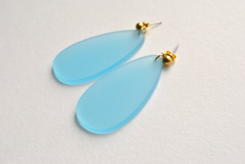 Blue and gold teardrop earrings, light blue dangle earrings, elegant post earrings, sea glass like earrings, soft blue earrings gift for her image 2