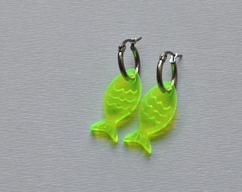 Small neon yellow fish hoops, neon green charm hoops, nature inspired earrings, ocean life earrings, fish huggies