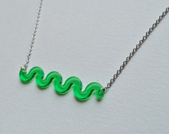 Green squiggle necklace, geometric necklace, green pendant necklace, recycled acrylic and inox choker necklace, gift for her