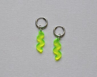 Neon yellow squiggle charm hoops earrings, minimal hoops, squiggle hoop earrings, casual chic jewelry, funky laser cut acrylic jewelry