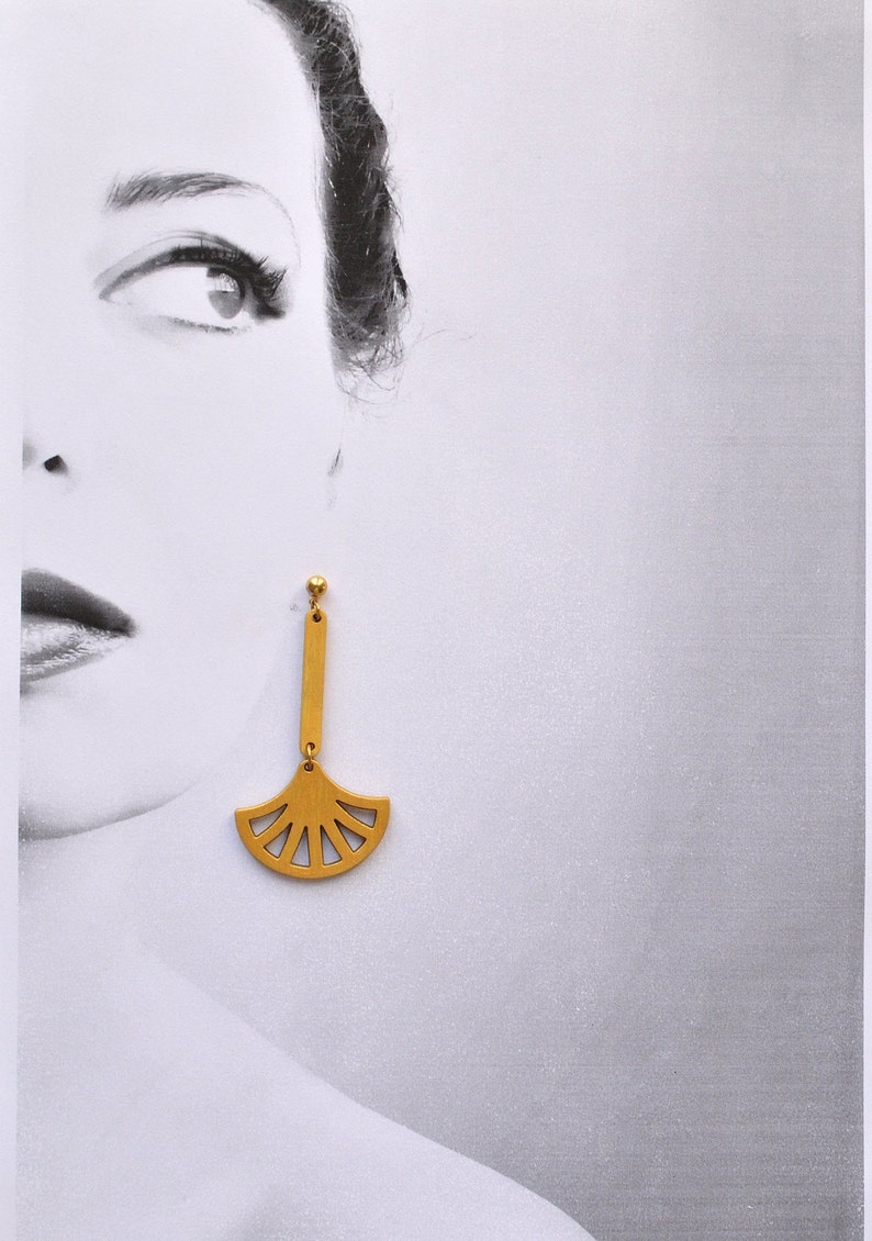 Fan shaped earrings, geometric earrings, gold earrings, retro geometric earrings, hand painted earrings, art deco earrings, gift for her image 4