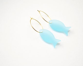 Blue fish earrings, light blue earrings, nature inspired earrings, ocean life earrings, blue and gold hoops, translucent earrings fish hoops