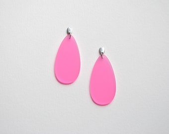 Pink teardrop earrings, geometric minimalist earrings, dangle drop earrings, pink translucent earrings, minimal laser cut pink earrings