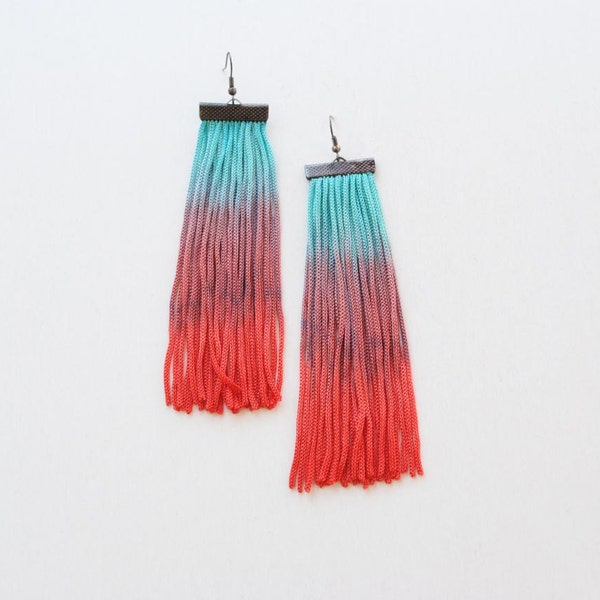 Ombre red and turquoise fringe earrings, hand dyed earrings, long earrings,  beach earrings, gift for her